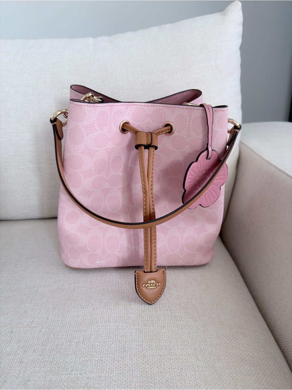 Coach Pink Signature Drawstring Bucket Bag with Tan Trim and Wristlet